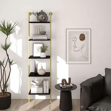 Axeman 5-Tier Ladder Bookcase, Tall Narrow Bookshelf for Small Spaces, Modern Book Storage Organizer Case Open Shelves for Bedroom, Living Room, Office, Library, Gold Metal Frame and Blakc Shelf