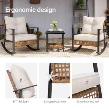 LAUSAINT HOME 3 Pieces Rocking Bistro Set, Outdoor Patio Furniture Set with Thick Cushions and 2-Tier Coffee Table, Oversize Rattan Conversation Sets for Garden, Balcony, Backyard (Beige)