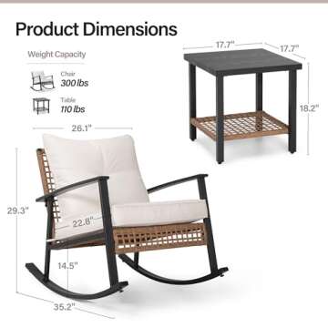 LAUSAINT HOME 3 Pieces Rocking Bistro Set, Outdoor Patio Furniture Set with Thick Cushions and 2-Tier Coffee Table, Oversize Rattan Conversation Sets for Garden, Balcony, Backyard (Beige)