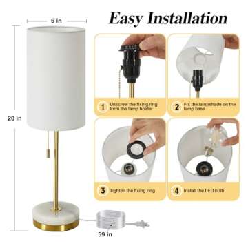 Luvkczc Minimalist Table Lamp Set of 2, Nightstand Lamp for Bedroom Living Room, Modern Pull Chain Bedside Lamp with Marble Base, Fabric Shade, Small Desk Lamp for Home, Office, Reading,Gold