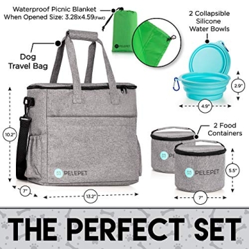 PELEPET Travel Bag for Dogs - Small, Medium & Large Dogs. 3 in 1 Styles:Weekender Backpack, Crossover, Handheld - Included: 2 Silicone Collapsible Bowls, 2 Food Containers, Waterproof Picnic Blanket