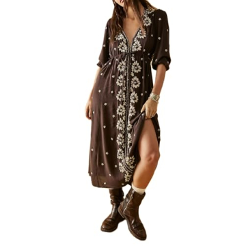 Women Boho Flowy Maxi Dress Floral Embroidered Puff Sleeve Long Dress Drawstring Deep V Neck Vacatio...