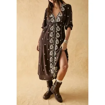Women Boho Flowy Maxi Dress Floral Embroidered Puff Sleeve Long Dress Drawstring Deep V Neck Vacation Beach Sundress Brown