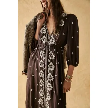 Women Boho Flowy Maxi Dress Floral Embroidered Puff Sleeve Long Dress Drawstring Deep V Neck Vacation Beach Sundress Brown