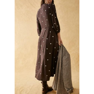 Women Boho Flowy Maxi Dress Floral Embroidered Puff Sleeve Long Dress Drawstring Deep V Neck Vacation Beach Sundress Brown