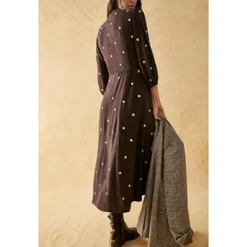 Women Boho Flowy Maxi Dress Floral Embroidered Puff Sleeve Long Dress Drawstring Deep V Neck Vacation Beach Sundress Brown