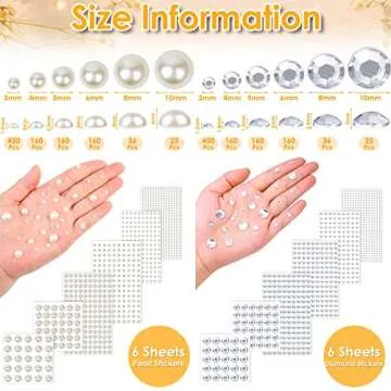 1982Pcs Self Adhesive Pearls and Rhinestones Stickers, Shynek Stick on Pearls, Stick on Face Jewels Gems for Hair, Face, Makeup, Crafts, Scrapbooking Embellishments, 6 Sizes