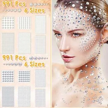 1982Pcs Self Adhesive Pearls and Rhinestones Stickers, Shynek Stick on Pearls, Stick on Face Jewels Gems for Hair, Face, Makeup, Crafts, Scrapbooking Embellishments, 6 Sizes