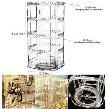 Cq acrylic 360 Rotating Earring Holder Organizer,11.4Inch Tall 4 Tiers Clear Acrylic Earring Rack Di...