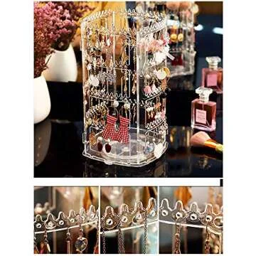 Cq acrylic 360 Rotating Earring Holder Organizer,11.4Inch Tall 4 Tiers Clear Acrylic Earring Rack Display Stand,160 Holes and 156 Grooves for Earrings Necklaces Carousel Jewelry Rack,Pack of 1