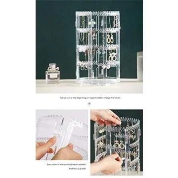 Cq acrylic 360 Rotating Earring Holder Organizer,11.4Inch Tall 4 Tiers Clear Acrylic Earring Rack Display Stand,160 Holes and 156 Grooves for Earrings Necklaces Carousel Jewelry Rack,Pack of 1