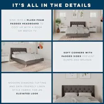 Novogratz Her Majesty Upholstered Linen Bed, Tufted Wingback Design and Wooden Legs, Queen Size - Grey Linen