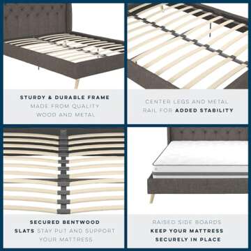 Novogratz Her Majesty Upholstered Linen Bed, Tufted Wingback Design and Wooden Legs, Queen Size - Grey Linen