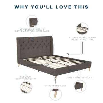 Novogratz Her Majesty Upholstered Linen Bed, Tufted Wingback Design and Wooden Legs, Queen Size - Grey Linen