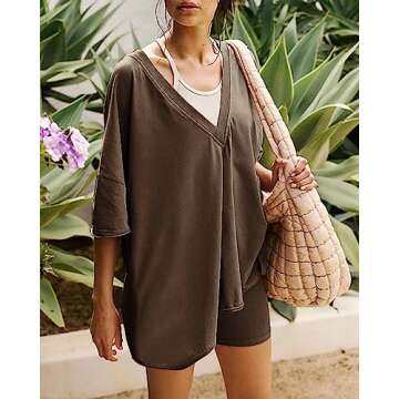 RISTALGIC Women's 2 Piece Outfit Sets FP Dupes Hot Shot Reversible Oversized Shirt Free Biker Shorts Summer People Clothes, 02-brown