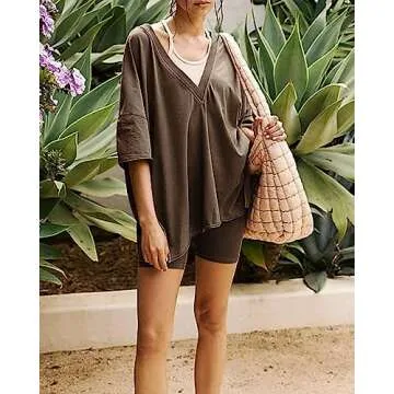 RISTALGIC Women's 2 Piece Outfit Sets FP Dupes Hot Shot Reversible Oversized Shirt Free Biker Shorts Summer People Clothes, 02-brown