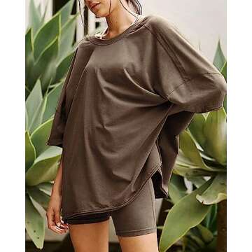 RISTALGIC Women's 2 Piece Outfit Sets FP Dupes Hot Shot Reversible Oversized Shirt Free Biker Shorts Summer People Clothes, 02-brown