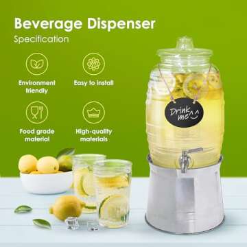 Drink Dispenser with Stainless Steel Tap and Stand - Durable and Leak-Proof - Includes Infusers, Cha...