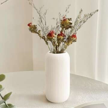 White Ceramic Vase for Flowers, 8 INCH Flower Vase Modern White Vase Home Decor, Small Vase, Ribbed ...
