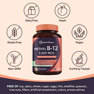 Doctor's Recipes Vitamin B12, Methylcobalamin 5000 mcg 90 Fast Dissolve Tablets, Natural Peach Flavor, Vegan Methyl, Energy Metabolism & Nervous System