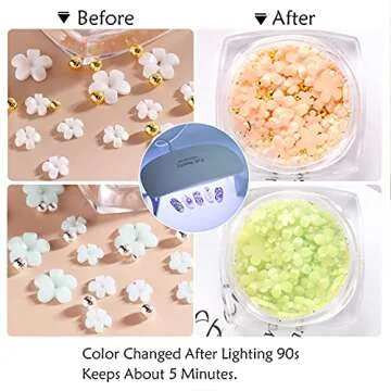 6 Boxes 3D Flower Nail Art Charms Light Change Nail Decals for Acrylic Nail Art Accessories with Pearl Golden Caviar Beads Glitter Nail Supplies Stud Design Jewelry Women DIY Decoration Tips