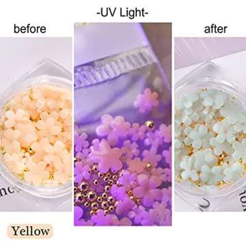 6 Boxes 3D Flower Nail Art Charms Light Change Nail Decals for Acrylic Nail Art Accessories with Pearl Golden Caviar Beads Glitter Nail Supplies Stud Design Jewelry Women DIY Decoration Tips