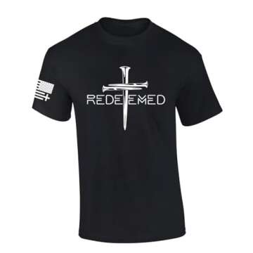Redeemed Cross Nails Mens Christian American Flag Sleeve T-Shirt Graphic Tee Graphic Tee-Black-XL