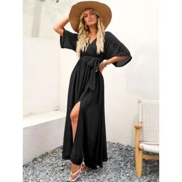 ANRABESS Women’s Summer Loose Boho Flowy Wrap V Neck 3/4 Sleeve Floral Print Slit Beach Wedding Gu...