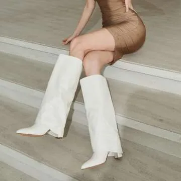 Modatope White Boots for Women Knee High Boots Zipper Fold Over Knee High Boots Pointed Toe Chunky Heeled Knee High Boots Tall Boots Size 8