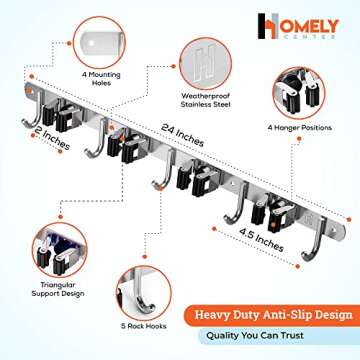 EXTENDED Mop Broom Holder Wall Mount, Stainless Steel Broom Hanger Wall Mount, Non Slip Broom Mop Ho...