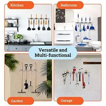 EXTENDED Mop Broom Holder Wall Mount, Stainless Steel Broom Hanger Wall Mount, Non Slip Broom Mop Holder Wall Mounted, Heavy Duty Mop Broom Organizer Wall Mount, Hanging Broom Hook Self Adhesive