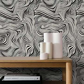 Tempaper x Novogratz Waverly White & Black Zebra Marble Removable Peel and Stick Wallpaper, 20.5 in X 16.5 ft, Made in The USA