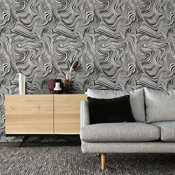 Tempaper x Novogratz Waverly White & Black Zebra Marble Removable Peel and Stick Wallpaper, 20.5 in X 16.5 ft, Made in The USA