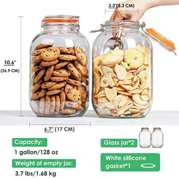 Qianfenie Glass Jars with Airtight Lids, 2 Pack - 1 Gallon Wide Mouth Storage Mason Jars with Hinged with 1 Replacement Silicone Gaskets for Fermenting, Canning, Preserving