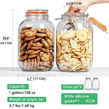 Qianfenie Glass Jars with Airtight Lids, 2 Pack - 1 Gallon Wide Mouth Storage Mason Jars with Hinged with 1 Replacement Silicone Gaskets for Fermenting, Canning, Preserving