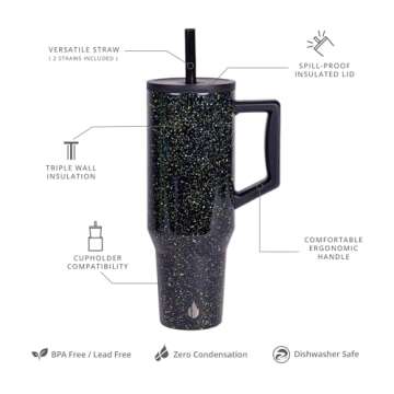 Elemental 40 oz Tumbler with Handle and Straw - Spill Proof Insulated Stainless Steel Commuter for H...