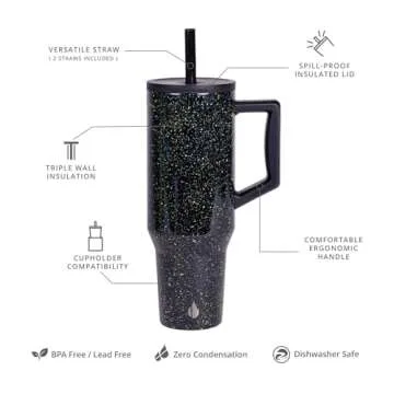 Elemental 40 oz Tumbler with Handle and Straw - Spill Proof Insulated Stainless Steel Commuter for H...