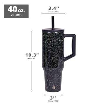 Elemental 40 oz Tumbler with Handle and Straw - Spill Proof Insulated Stainless Steel Commuter for Hot and Cold Beverages - Travel Coffee Mug with 2 Straws & Spill Proof Lid - 40oz - Black Speckle