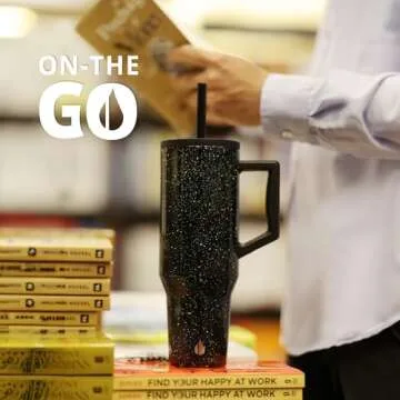 Elemental 40 oz Tumbler with Handle and Straw - Spill Proof Insulated Stainless Steel Commuter for Hot and Cold Beverages - Travel Coffee Mug with 2 Straws & Spill Proof Lid - 40oz - Black Speckle