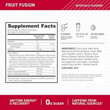 Optimum Nutrition Amino Energy - Pre Workout with Green Tea, BCAA, Amino Acids, Keto Friendly, Green Coffee Extract, Energy Powder - Fruit Fusion, 30 Servings (Packaging May Vary)
