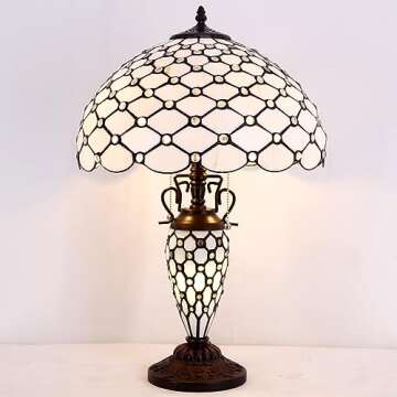 WERFACTORY Tiffany Lamp Cream Stained Glass Crystal Pear Bead Mather-Daughter Vase Table Lamp 16X16X24 Inches Desk Reading Light Decor Bedroom Living Room Home Office S005 Series