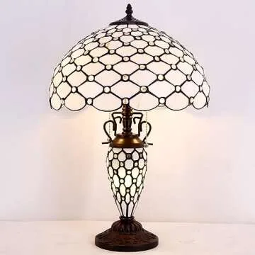 WERFACTORY Tiffany Lamp Cream Stained Glass Crystal Pear Bead Mather-Daughter Vase Table Lamp 16X16X24 Inches Desk Reading Light Decor Bedroom Living Room Home Office S005 Series