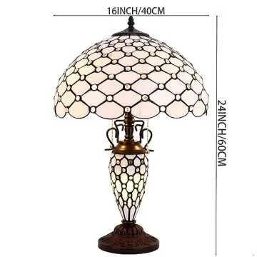 WERFACTORY Tiffany Lamp Cream Stained Glass Crystal Pear Bead Mather-Daughter Vase Table Lamp 16X16X24 Inches Desk Reading Light Decor Bedroom Living Room Home Office S005 Series
