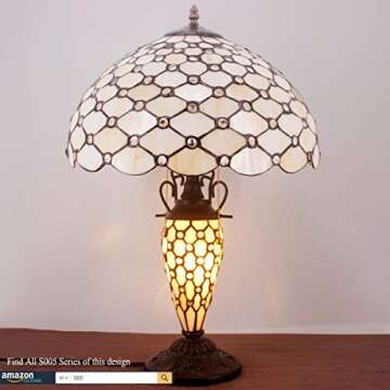 WERFACTORY Tiffany Lamp Cream Stained Glass Crystal Pear Bead Mather-Daughter Vase Table Lamp 16X16X24 Inches Desk Reading Light Decor Bedroom Living Room Home Office S005 Series