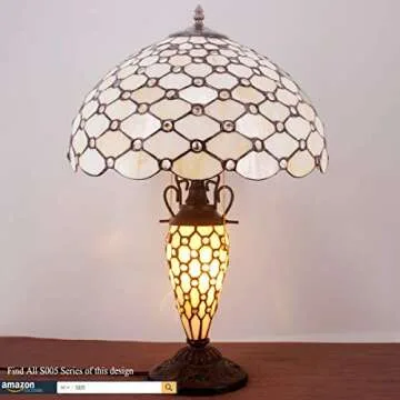 WERFACTORY Tiffany Lamp Cream Stained Glass Crystal Pear Bead Mather-Daughter Vase Table Lamp 16X16X24 Inches Desk Reading Light Decor Bedroom Living Room Home Office S005 Series