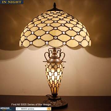 WERFACTORY Tiffany Lamp Cream Stained Glass Crystal Pear Bead Mather-Daughter Vase Table Lamp 16X16X24 Inches Desk Reading Light Decor Bedroom Living Room Home Office S005 Series