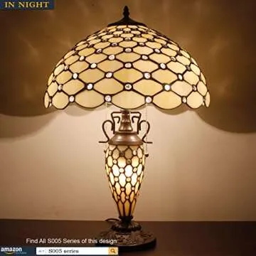 WERFACTORY Tiffany Lamp Cream Stained Glass Crystal Pear Bead Mather-Daughter Vase Table Lamp 16X16X24 Inches Desk Reading Light Decor Bedroom Living Room Home Office S005 Series