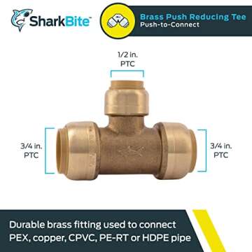 SharkBite 3/4 Inch x 3/4 Inch x 1/2 Inch Reducing Tee, Push To Connect Brass Plumbing Fitting, PEX P...