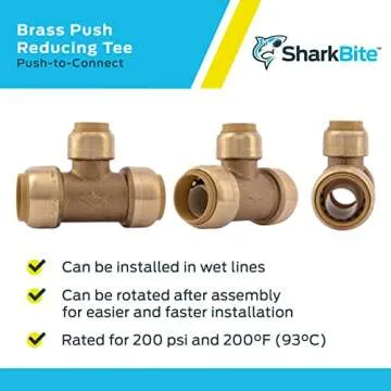 SharkBite 3/4 Inch x 3/4 Inch x 1/2 Inch Reducing Tee, Push To Connect Brass Plumbing Fitting, PEX Pipe, Copper, CPVC, PE-RT, HDPE, U412LFA