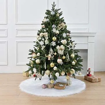 48" Christmas Tree Skirt Snowy White Plush Tree Skirt White Xmas Tree Skirt Tree Ornaments Holiday Decorations (All White)